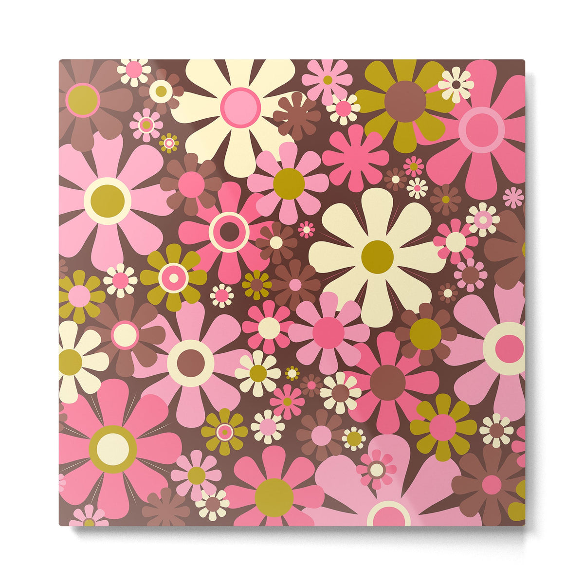 60s 70s Retro Floral Garden Cheerful Flower Pattern in Brown Pink Avocado Metal Print