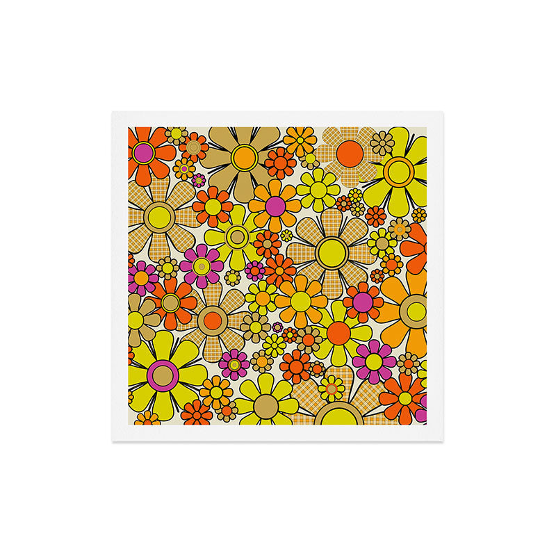 70s Retro Flowers Gingham Floral Pattern Orange Yellow Cream Art Print