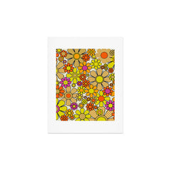70s Retro Flowers Gingham Floral Pattern Orange Yellow Cream Art Print