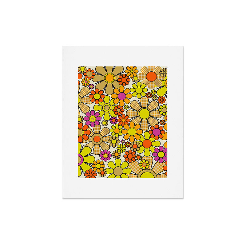 70s Retro Flowers Gingham Floral Pattern Orange Yellow Cream Art Print