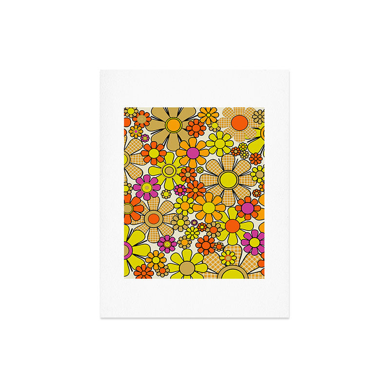 70s Retro Flowers Gingham Floral Pattern Orange Yellow Cream Art Print