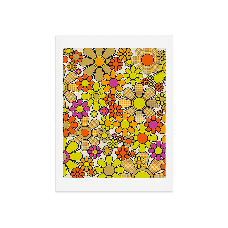 70s Retro Flowers Gingham Floral Pattern Orange Yellow Cream Art Print