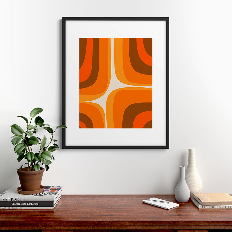 70s Retro Groove Minimalist Mid Century Modern Abstract in 1970s Brown and Orange Framed Art Print