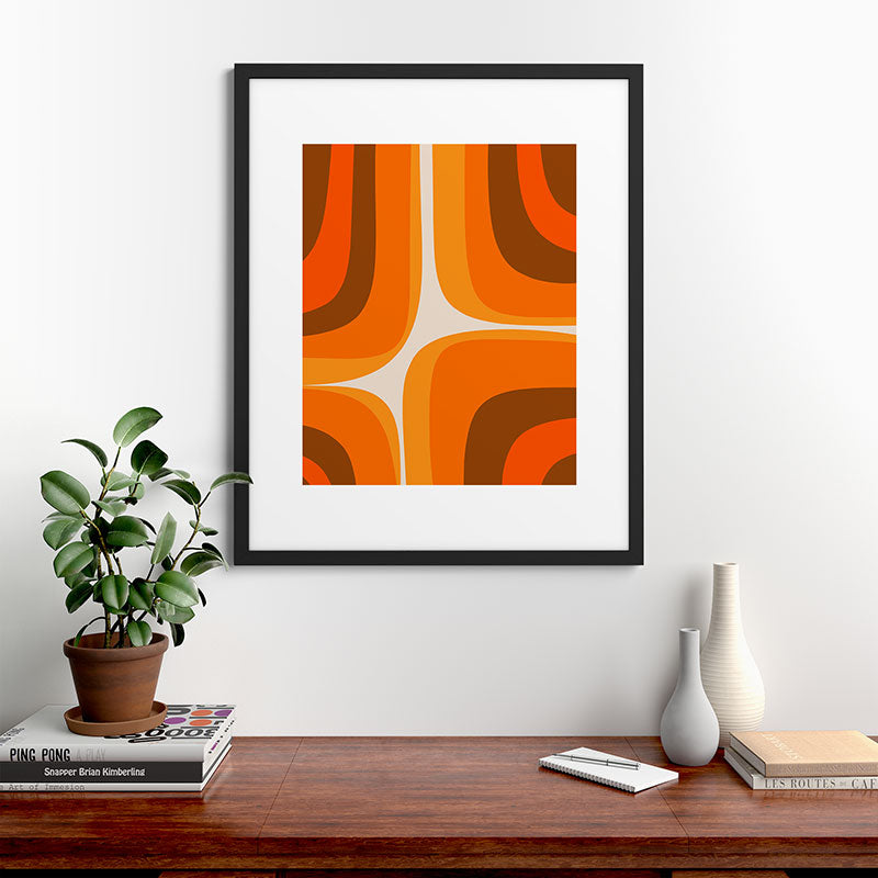 70s Retro Groove Minimalist Mid Century Modern Abstract in 1970s Brown and Orange Framed Art Print
