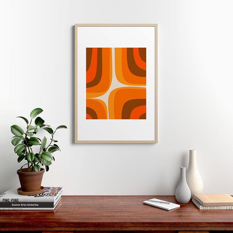 70s Retro Groove Minimalist Mid Century Modern Abstract in 1970s Brown and Orange Framed Art Print