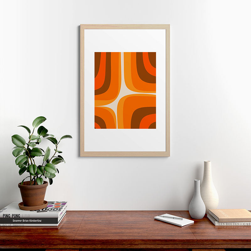 70s Retro Groove Minimalist Mid Century Modern Abstract in 1970s Brown and Orange Framed Art Print