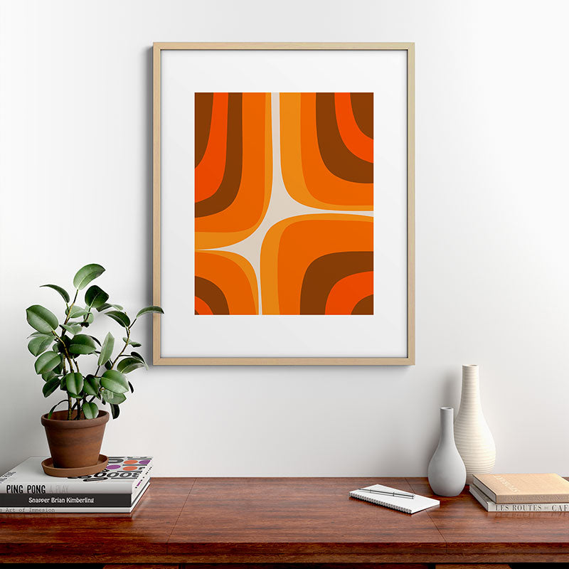 70s Retro Groove Minimalist Mid Century Modern Abstract in 1970s Brown and Orange Framed Art Print