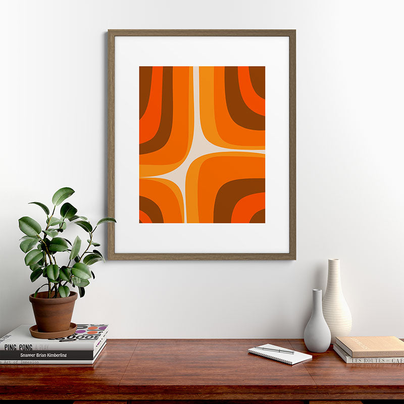 70s Retro Groove Minimalist Mid Century Modern Abstract in 1970s Brown and Orange Framed Art Print