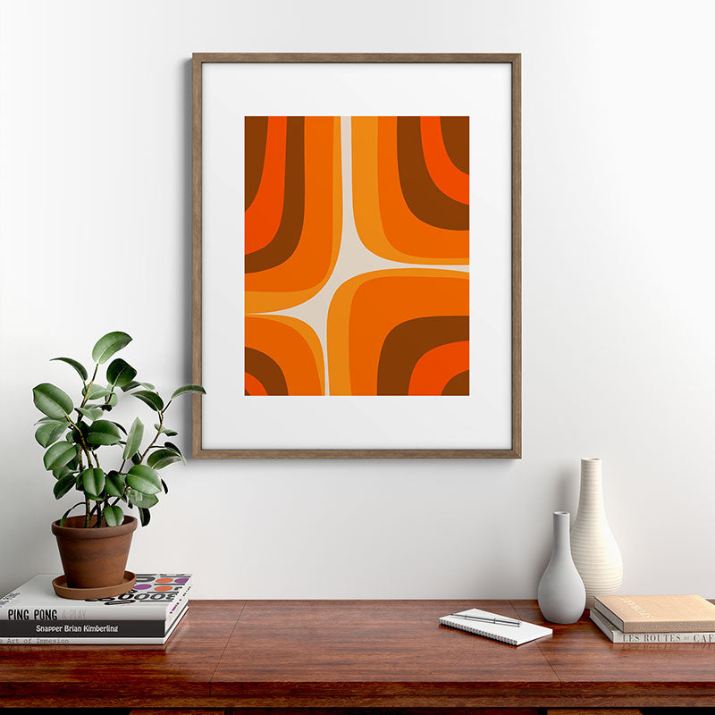 70s Retro Groove Minimalist Mid Century Modern Abstract in 1970s Brown and Orange Framed Art Print