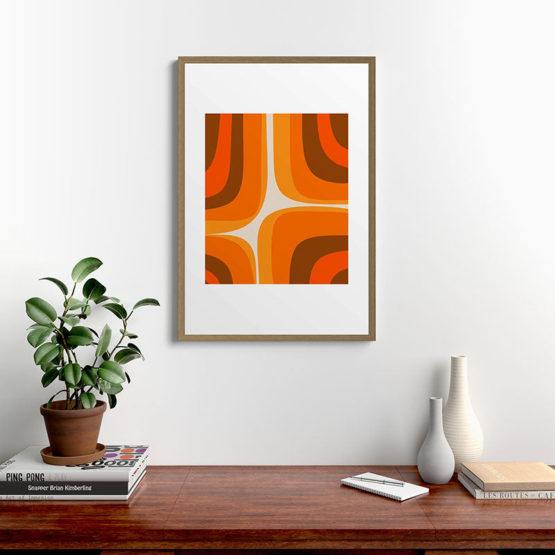 70s Retro Groove Minimalist Mid Century Modern Abstract in 1970s Brown and Orange Framed Art Print