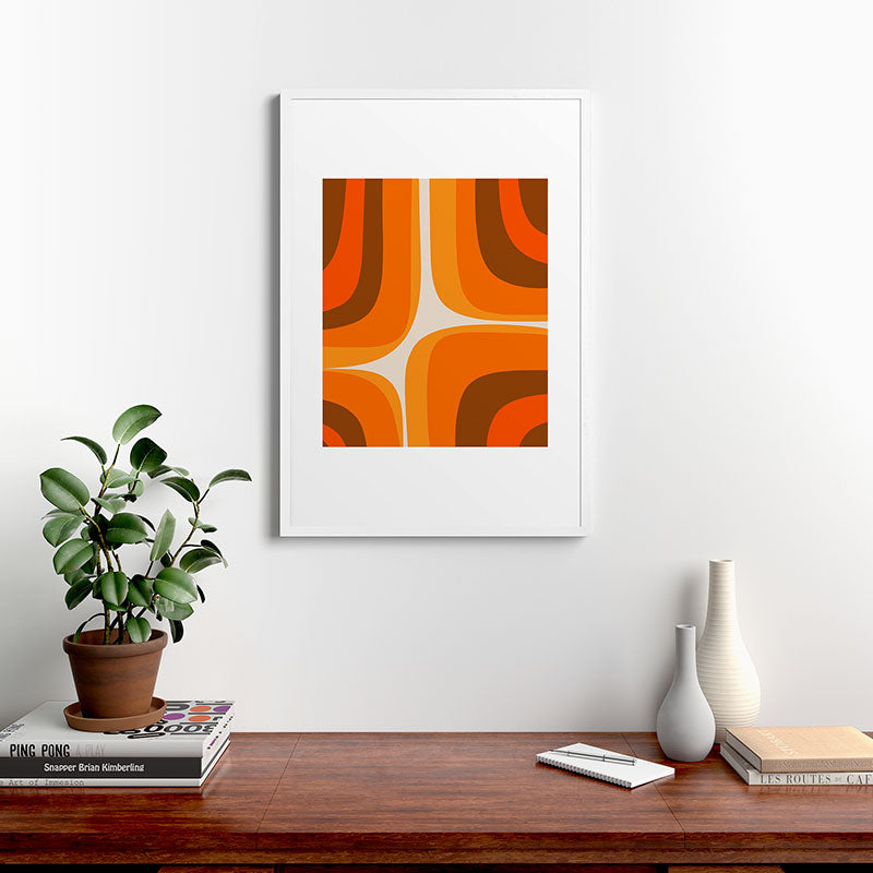 70s Retro Groove Minimalist Mid Century Modern Abstract in 1970s Brown and Orange Framed Art Print