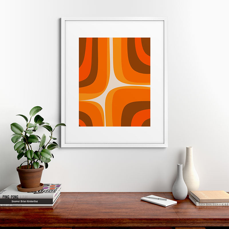 70s Retro Groove Minimalist Mid Century Modern Abstract in 1970s Brown and Orange Framed Art Print