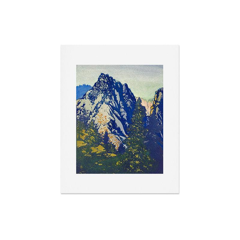 A Departure I - Mountain & Forest Nature Ukiyo Landscape in Blue, Green & Grey Art Print