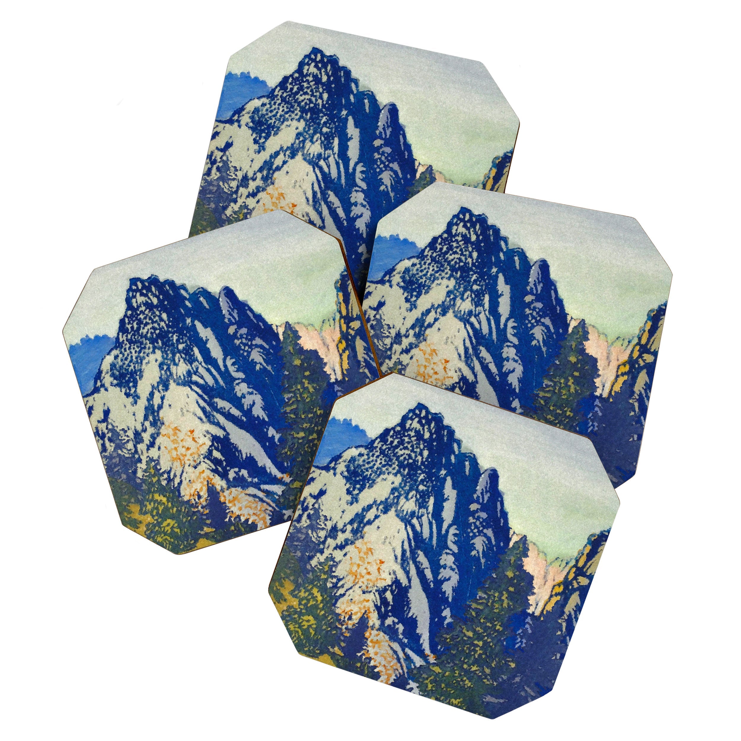 A Departure I - Mountain & Forest Nature Ukiyo Landscape in Blue, Green & Grey Coaster