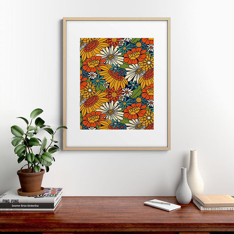 70s Retro Floral - Bold Framed Art Print