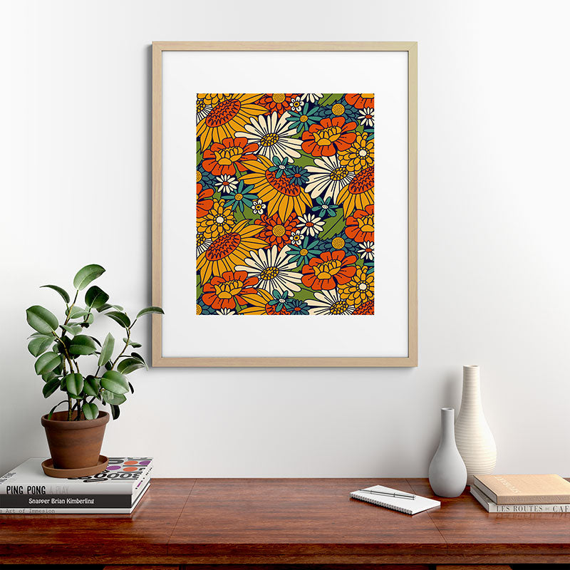 70s Retro Floral - Bold Framed Art Print