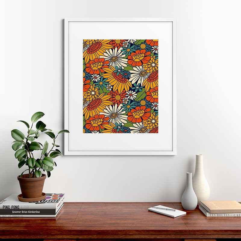 70s Retro Floral - Bold Framed Art Print