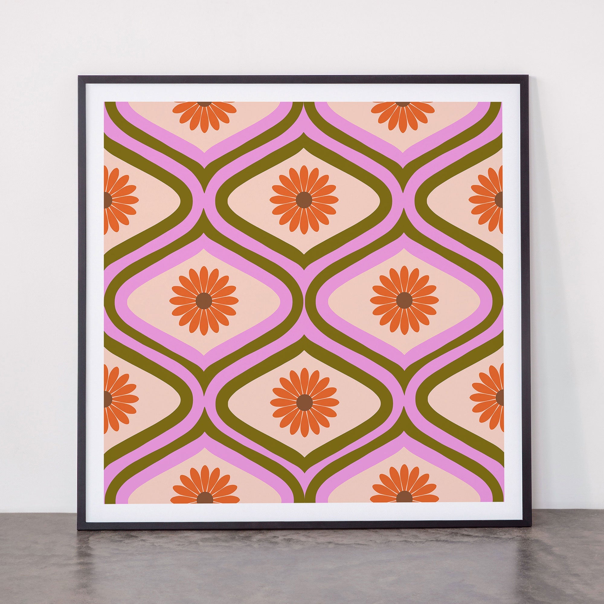 70s Disco Daisy Flower Pattern Framed Art Print