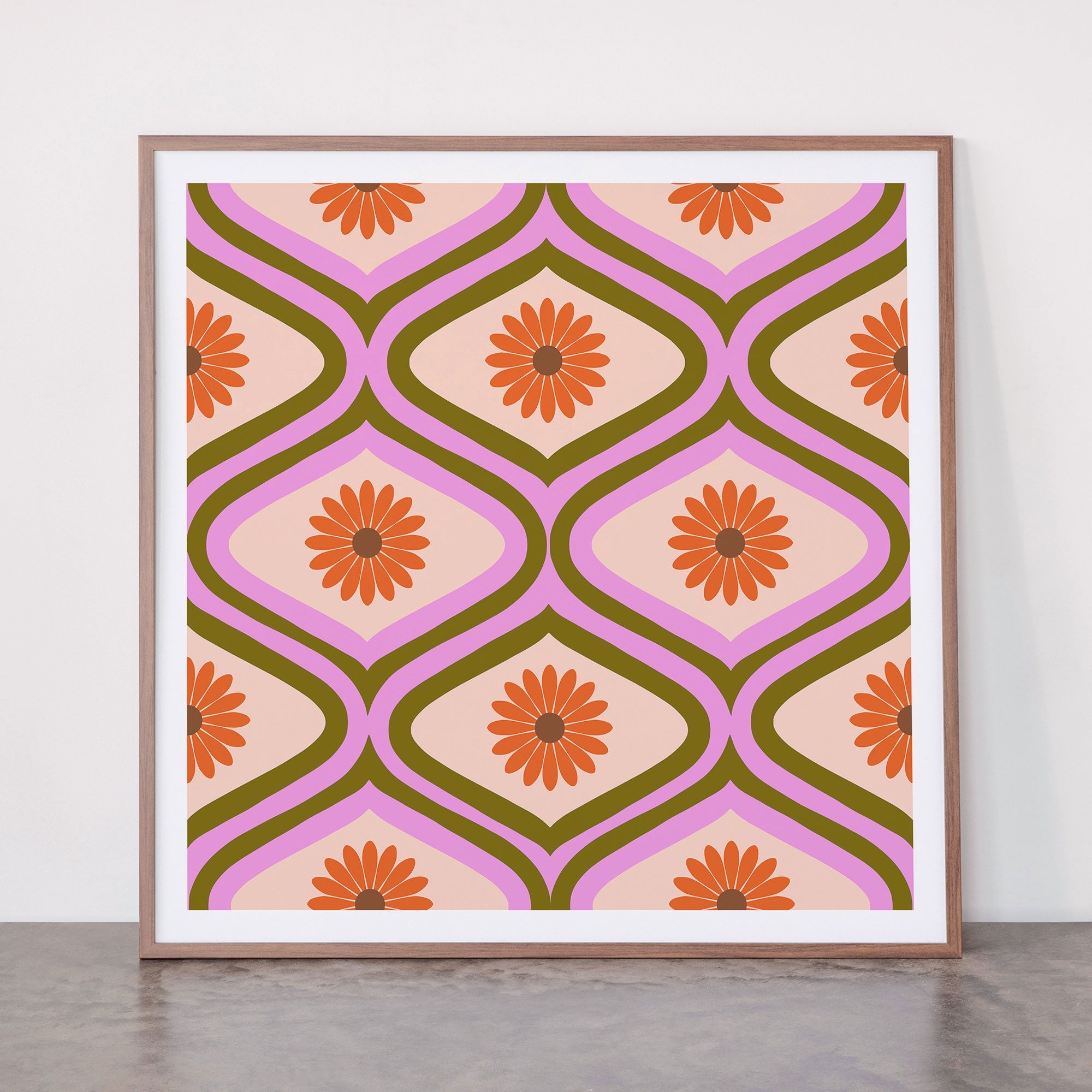 70s Disco Daisy Flower Pattern Framed Art Print