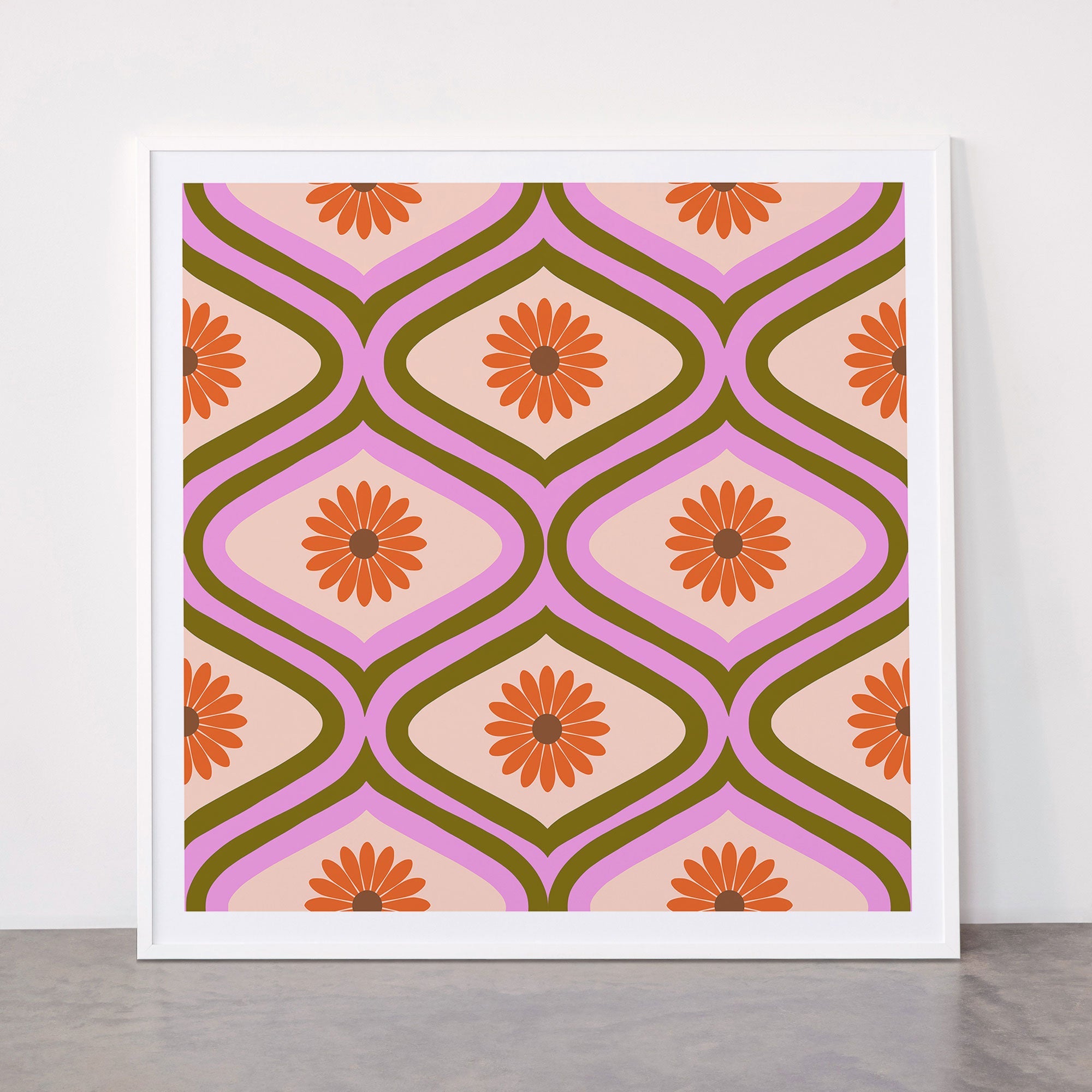 70s Disco Daisy Flower Pattern Framed Art Print