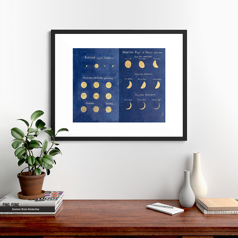 17th-Century Astronomical Art by Maria Clara Eimmart: Phases of Jupiter and Mercury Framed Art Print