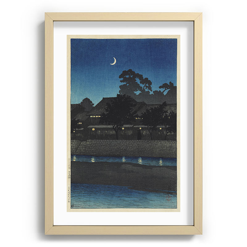 "Crescent Moon and Tea Houses, Kanazawa" by Hasui Kawase, 1920s Framed Art Print
