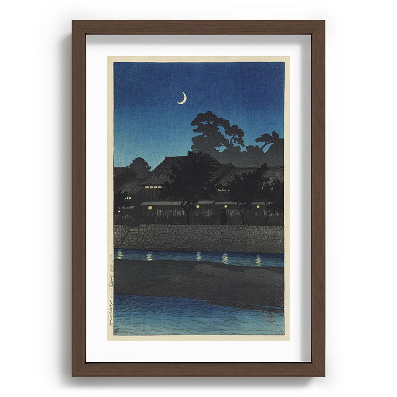"Crescent Moon and Tea Houses, Kanazawa" by Hasui Kawase, 1920s Framed Art Print