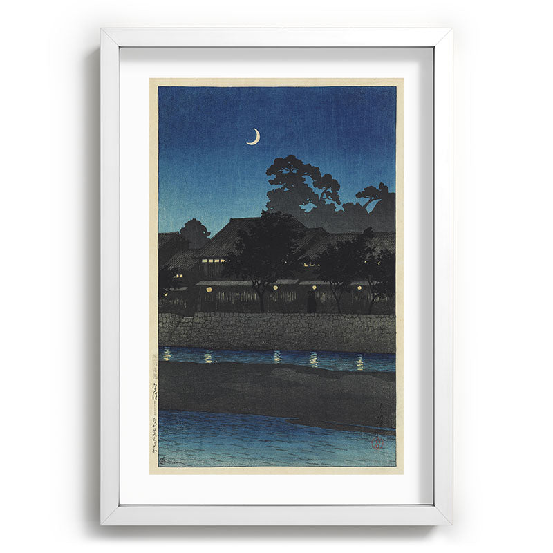"Crescent Moon and Tea Houses, Kanazawa" by Hasui Kawase, 1920s Framed Art Print