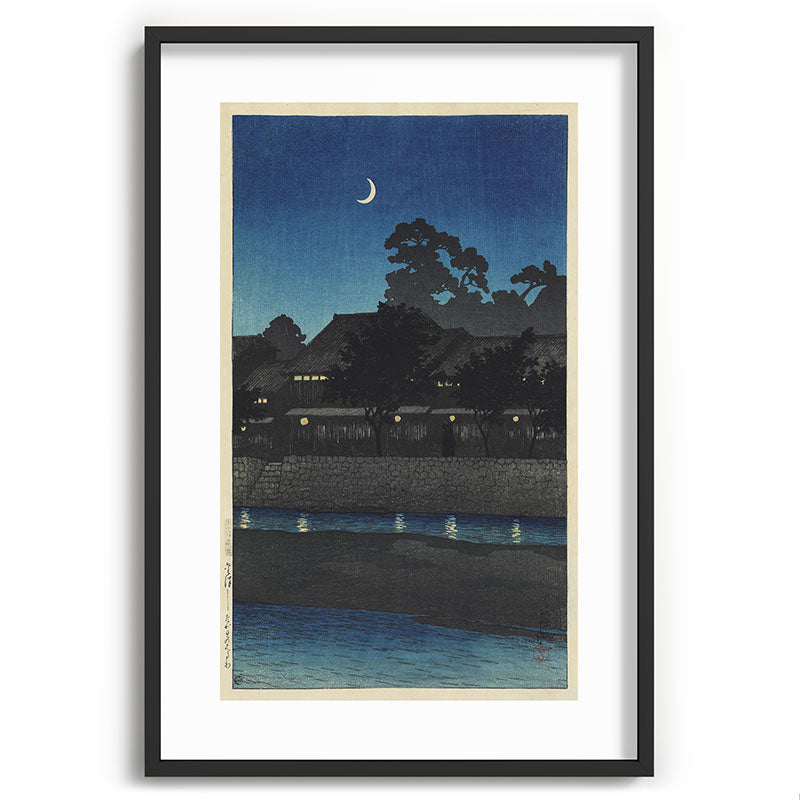 "Crescent Moon and Tea Houses, Kanazawa" by Hasui Kawase, 1920s Framed Art Print