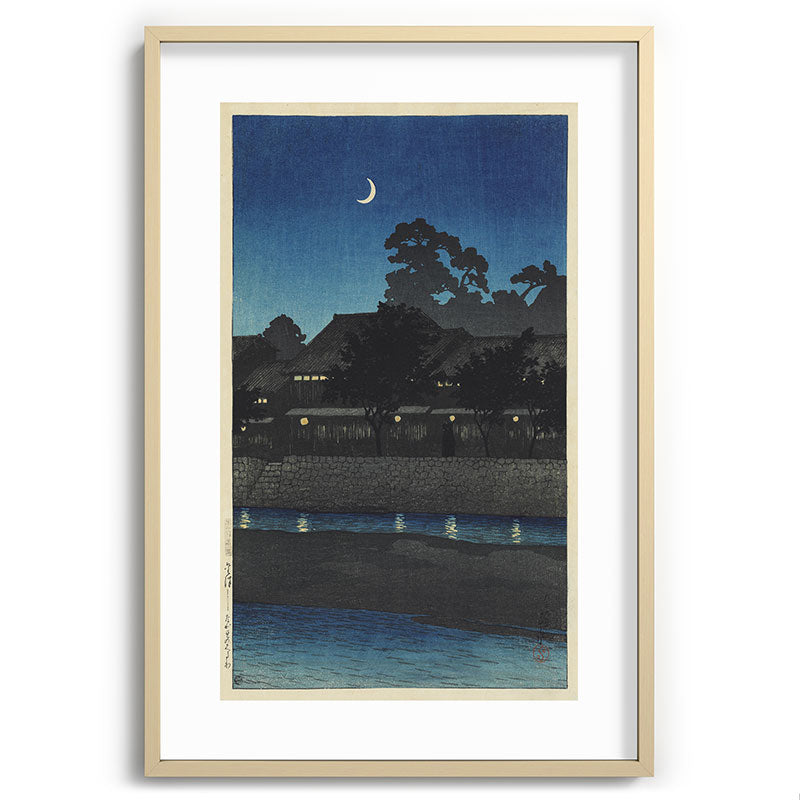 "Crescent Moon and Tea Houses, Kanazawa" by Hasui Kawase, 1920s Framed Art Print