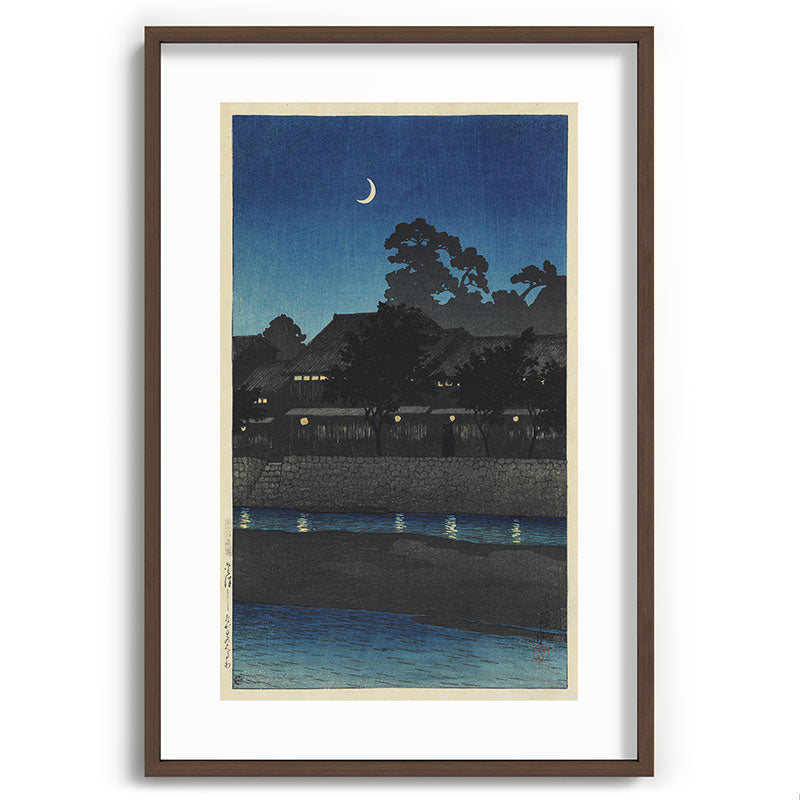 "Crescent Moon and Tea Houses, Kanazawa" by Hasui Kawase, 1920s Framed Art Print