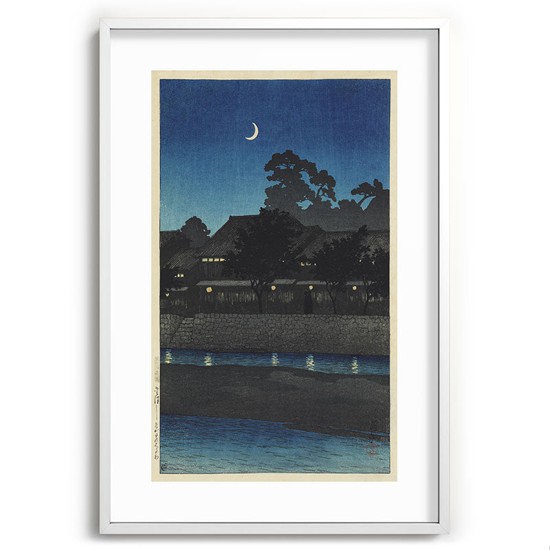"Crescent Moon and Tea Houses, Kanazawa" by Hasui Kawase, 1920s Framed Art Print
