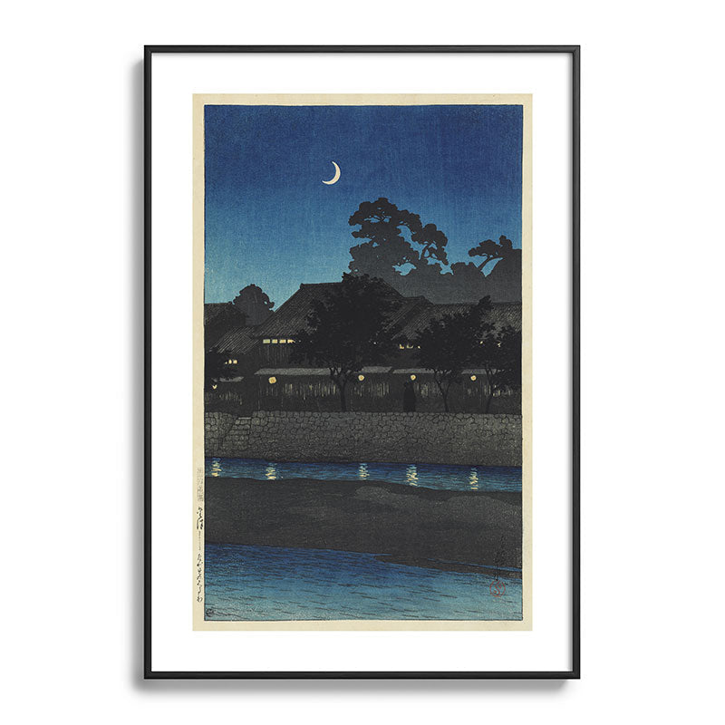 "Crescent Moon and Tea Houses, Kanazawa" by Hasui Kawase, 1920s Framed Art Print