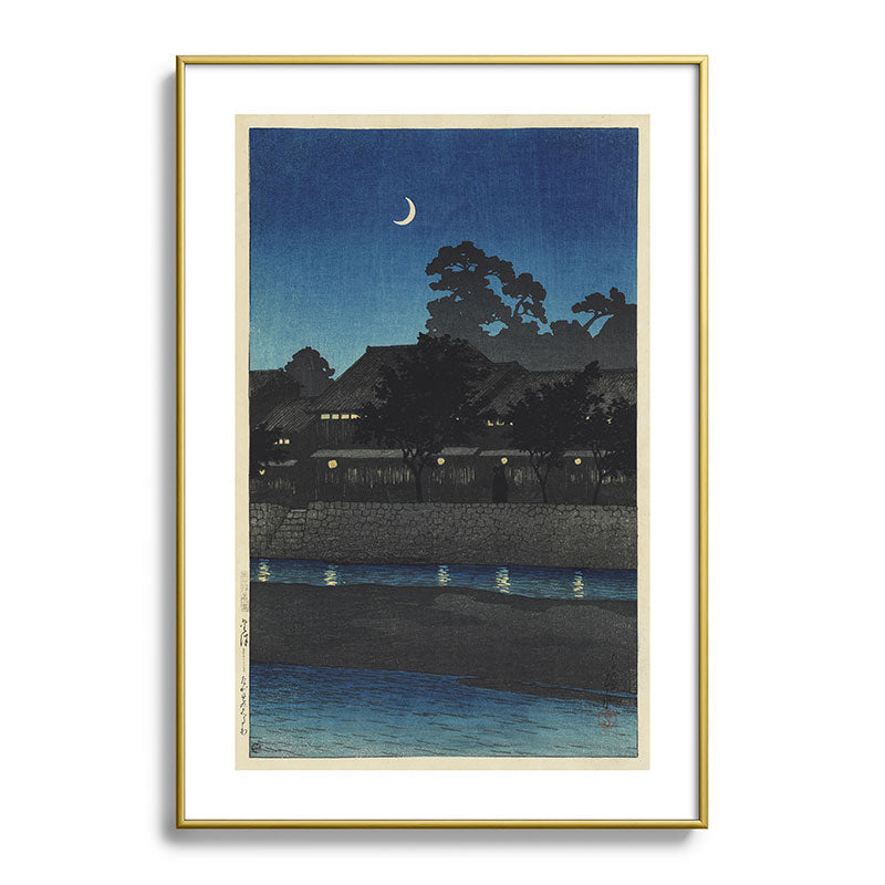 "Crescent Moon and Tea Houses, Kanazawa" by Hasui Kawase, 1920s Framed Art Print