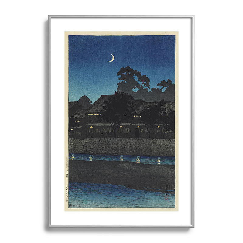 "Crescent Moon and Tea Houses, Kanazawa" by Hasui Kawase, 1920s Framed Art Print