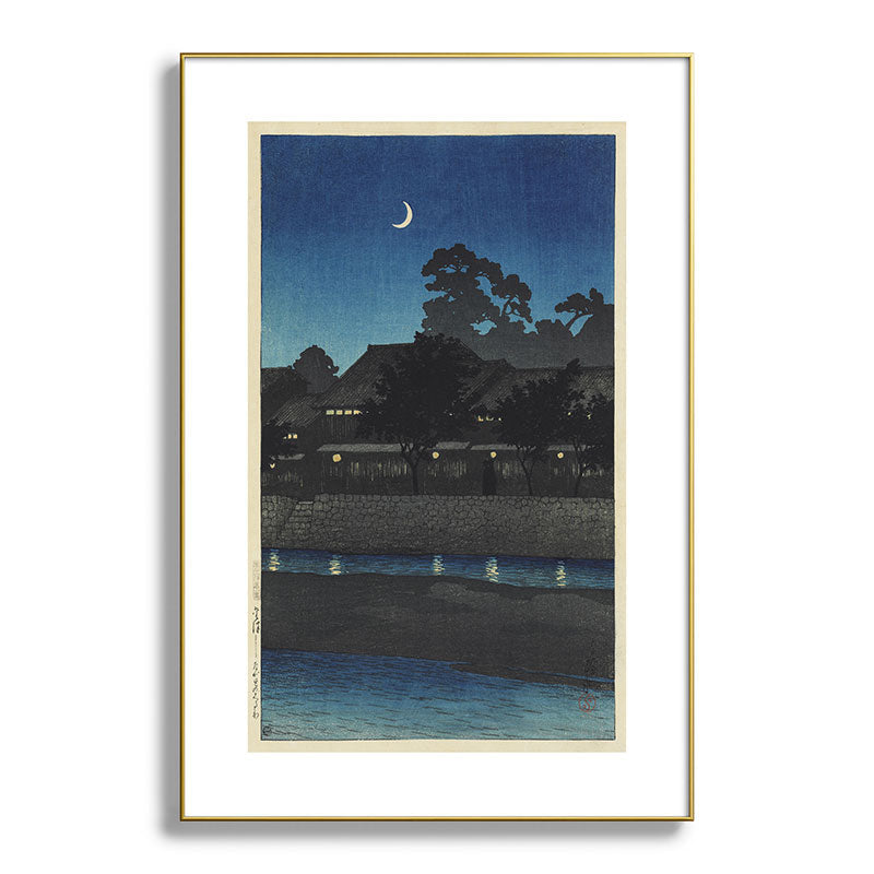 "Crescent Moon and Tea Houses, Kanazawa" by Hasui Kawase, 1920s Framed Art Print