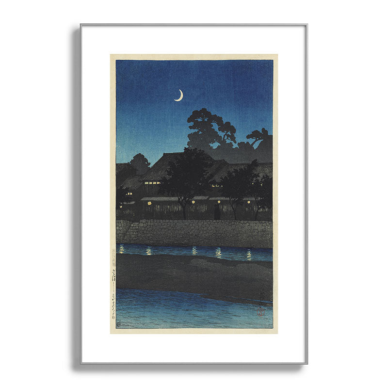 "Crescent Moon and Tea Houses, Kanazawa" by Hasui Kawase, 1920s Framed Art Print