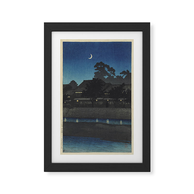 "Crescent Moon and Tea Houses, Kanazawa" by Hasui Kawase, 1920s Framed Art Print