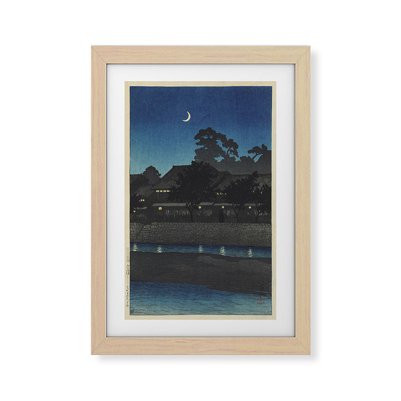 "Crescent Moon and Tea Houses, Kanazawa" by Hasui Kawase, 1920s Framed Art Print