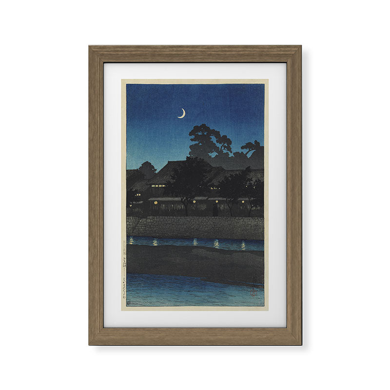 "Crescent Moon and Tea Houses, Kanazawa" by Hasui Kawase, 1920s Framed Art Print
