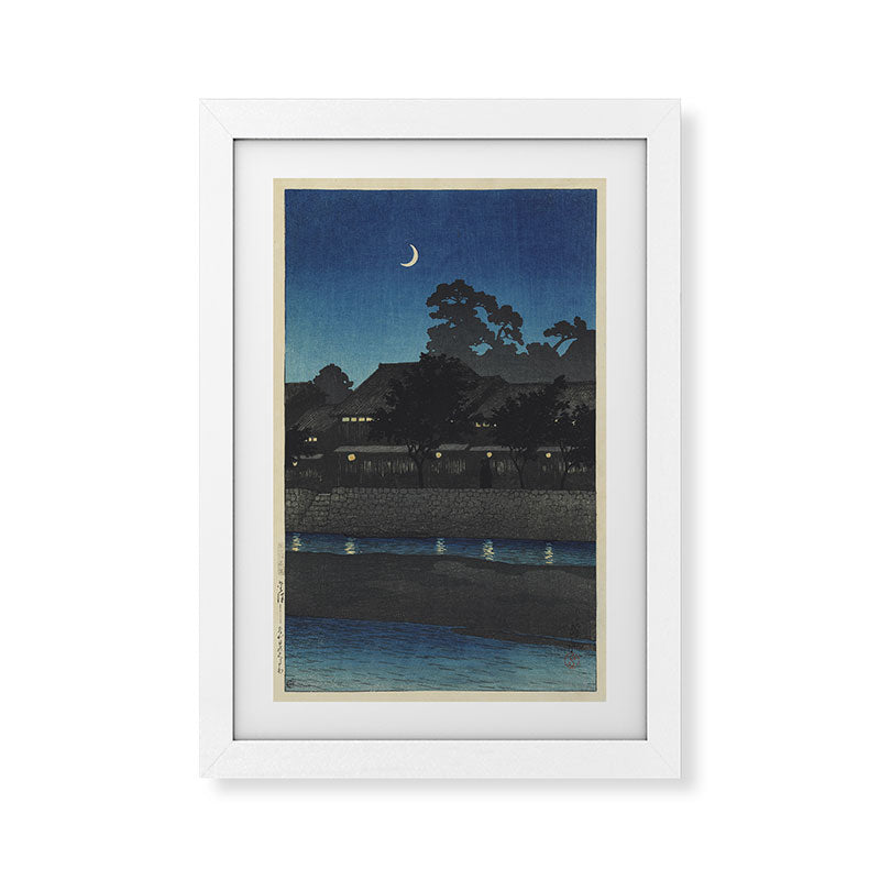 "Crescent Moon and Tea Houses, Kanazawa" by Hasui Kawase, 1920s Framed Art Print