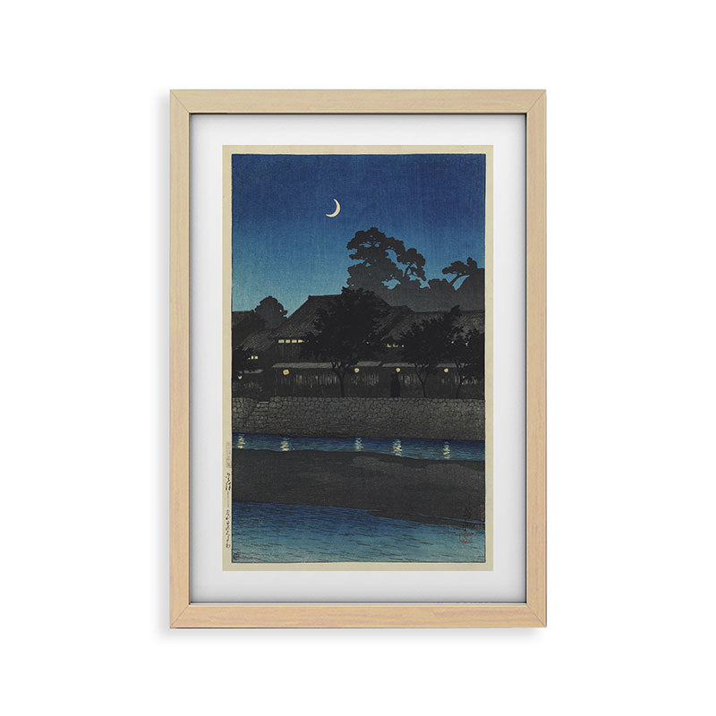 "Crescent Moon and Tea Houses, Kanazawa" by Hasui Kawase, 1920s Framed Art Print