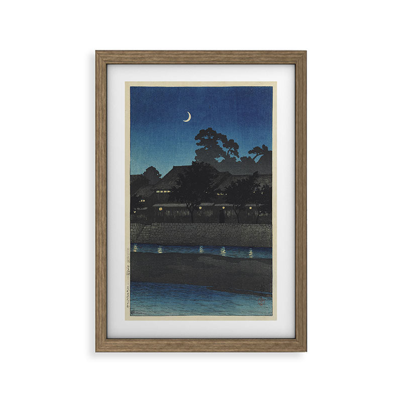 "Crescent Moon and Tea Houses, Kanazawa" by Hasui Kawase, 1920s Framed Art Print