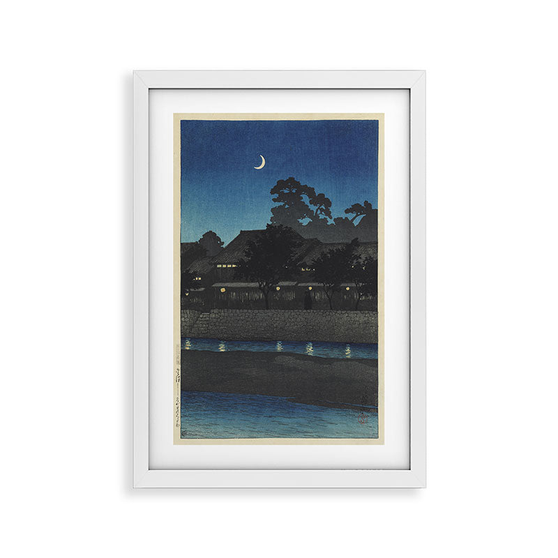 "Crescent Moon and Tea Houses, Kanazawa" by Hasui Kawase, 1920s Framed Art Print