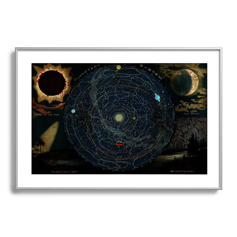 "Planetary System, Eclipse of the Sun, the Moon, the Zodiacal Light, Meteoric Shower" by Levi Walter Yaggi, 1887 Framed Art Print