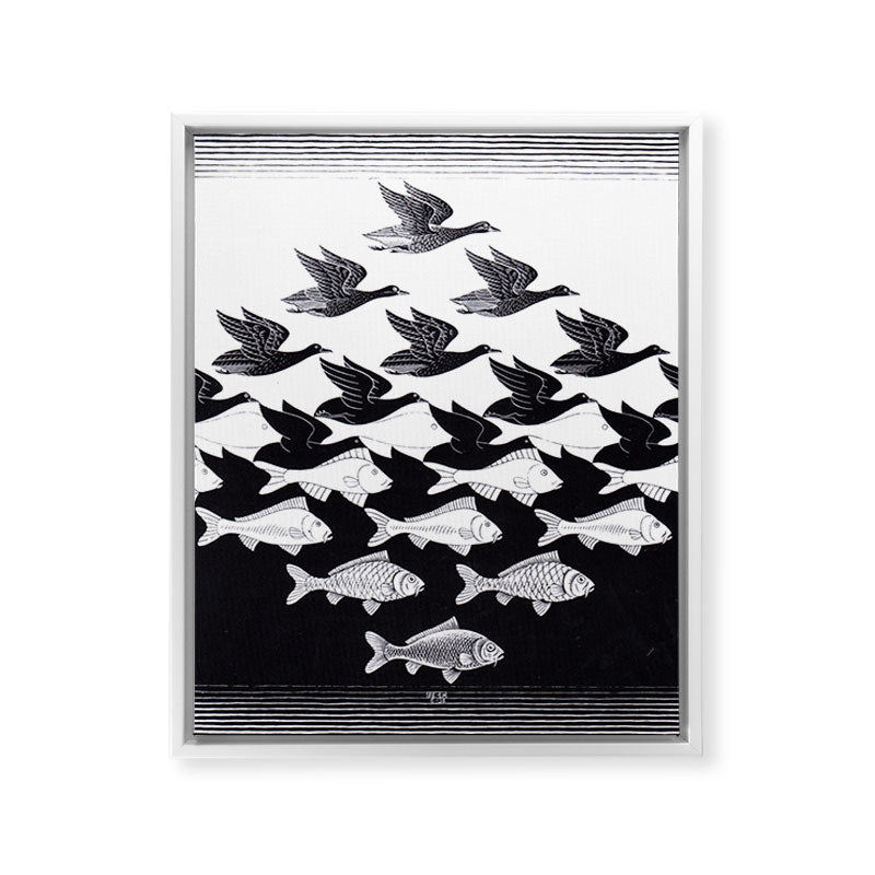 "Sky and Water I" by M.C. Escher Framed Canvas Print