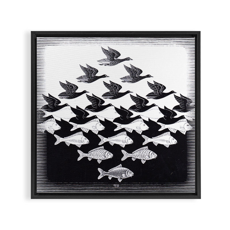 "Sky and Water I" by M.C. Escher Framed Canvas Print