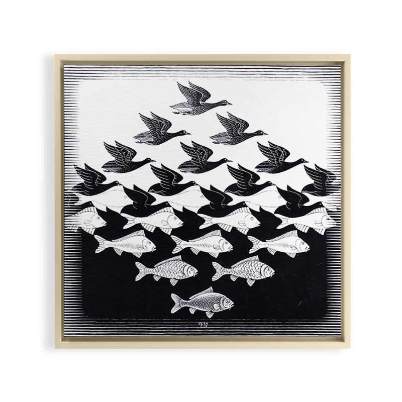 "Sky and Water I" by M.C. Escher Framed Canvas Print