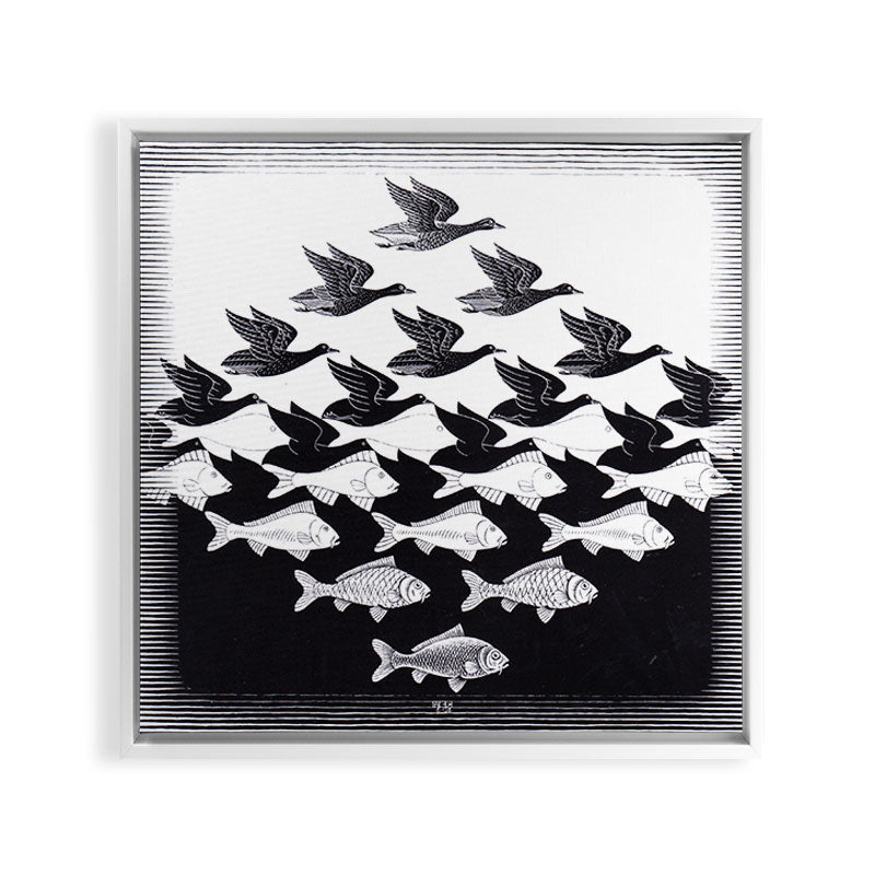 "Sky and Water I" by M.C. Escher Framed Canvas Print
