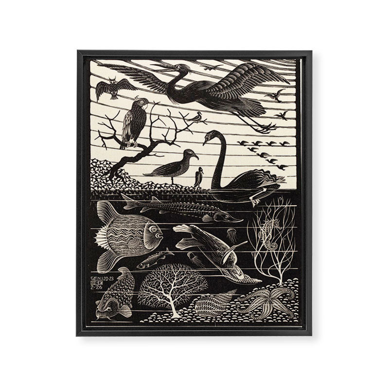 "The Fifth Day of Creation" by M.C. Escher Framed Canvas Print